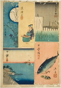 Eitai-brug, Nihon-brug, Susaki, Bloementuin, en Dokan-heuvel (Eitaibashi, Nihonbashi, Susaki, Hanayashiki, Dokanyama), uit de serie "Uitknipsels van beroemde plaatsen in Edo (Harimaze Koto meisho)" door Utagawa Hiroshige