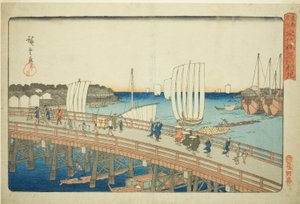 Eitai-brug en nieuw land in Fukagawa (Eitaibashi Fukagawa shinchi), uit de serie "Beroemde plaatsen in de oostelijke hoofdstad (Toto meisho)" door Utagawa Hiroshige