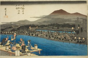 Genieten van de avondkoelte aan de rivierbedding bij Shijo, uit de serie 