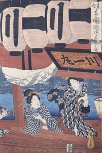 Genieten van het vuurwerk en de koelte van de avond bij de Ryogoku-brug in de Oostelijke Hoofdstad door Utagawa Hiroshige