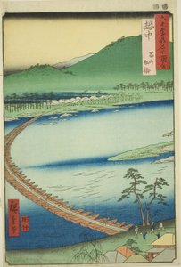 Etchu Provincie: Pontonbrug bij Toyama (Etchu, Toyama funabashi), uit de serie "Beroemde Plaatsen in de Zestig-odd Provincies (Rokujuyoshu meisho zue)" door Utagawa Hiroshige