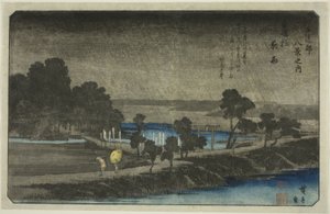 Avondregen bij Azuma Heiligdom (Azuma no mori yau), uit de serie "Acht Zichten in de Omgeving van Edo (Edo Kinko hakkei no uchi)" door Utagawa Hiroshige