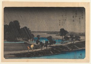 Avondregen bij Azumi no Mori, ca. 1838 door Utagawa Hiroshige