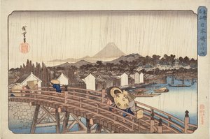 Avondregen bij Nihonbashi-brug, uit Beroemde Plaatsen van de Oostelijke Hoofdstad, ca. 1832