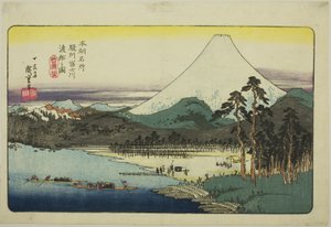 Veerboten die de Fuji Rivier Oversteken in de Suruga Provincie (Sunshu Fujikawa watashibune no zu), uit de serie 