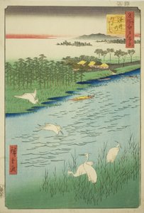 Veerbootoversteek bij Sakasai (Sakasai no watashi), uit de serie "Honderd Beroemde Uitzichten van Edo (Meisho Edo hyakkei)" door Utagawa Hiroshige