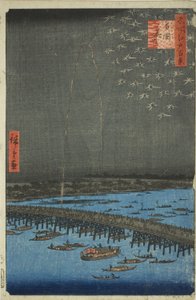 Vuurwerk bij Ryogoku (Ryogoku hanabi), uit de serie "Honderd Beroemde Zichten van Edo (Meisho Edo hyakkei)"