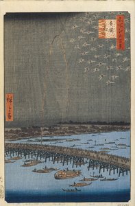 Vuurwerk bij Ryogoku-brug Honderd beroemde uitzichten van Edo door Utagawa Hiroshige