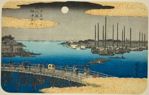 Vissersboten bij Eitai-brug in Tsukuda-baai (Eitaibashi Tsukuda oki isaribune), uit de serie "Beroemde plaatsen in Edo (Edo meisho no uchi)"