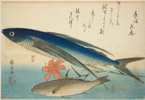 Vliegende vis en Ichimochi, uit een ongetitelde serie van vissen door Utagawa Hiroshige
