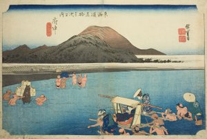 Fuchu: De Abe Rivier (Fuchu, Abekawa), uit de serie "Drieënvijftig Stations van de Tokaido Weg (Tokaido gojusan tsugi no uchi)," ook bekend als de Hoeido Tokaido door Utagawa Hiroshige