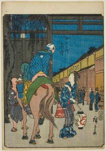 Fuchu, uit de serie "Drieënvijftig stations [van de Tokaido] (Gojusan tsugi)," ook bekend als de Figuren Tokaido (Jinbutsu Tokaido) door Utagawa Hiroshige