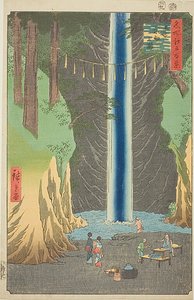 Fudo watervallen bij Oji (Oji Fudo no taki), nr.49 uit de serie "Honderd beroemde vergezichten van Edo (Meisho Edo hyakkei)". door Utagawa Hiroshige