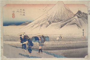 Fuji in de ochtend bij Hara, uit de serie Drieënvijftig Stations van de Tokaido door Utagawa Hiroshige