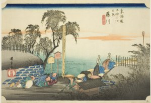 Fujikawa: Uitzicht op de buitenwijken van het poststation (Fujikawa, bohana no zu), uit de serie "Drieënvijftig stations van de Tokaido (Tokaido gojusan tsugi no uchi)," ook bekend als de Hoeido Tokaido door Utagawa Hiroshige