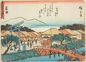 Fujisawa, uit de serie "Drieënvijftig stations van de Tokaido (Tokaido gojusan tsugi)," ook bekend als de Tokaido met gedicht (Kyoka iri Tokaido) door Utagawa Hiroshige