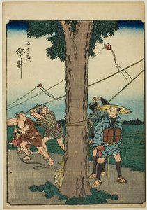 Fukuroi, uit de serie "Drieënvijftig stations [van de Tokaido] (Gojusan tsugi)," ook bekend als de Figuren Tokaido (Jinbutsu Tokaido)