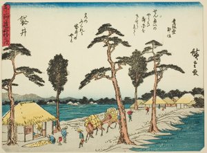 Fukuroi, uit de serie "Drieënvijftig stations van de Tokaido (Tokaido gojusan tsugi)," ook bekend als de Tokaido met gedicht (Kyoka iri Tokaido) door Utagawa Hiroshige