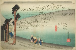 Futakawa: Sarugababa Plateau (Futakawa, Sarugababa), uit de serie "Drieënvijftig stations van de Tokaido (Tokaido gojusan tsugi no uchi)," ook bekend als de Hoeido Tokaido door Utagawa Hiroshige