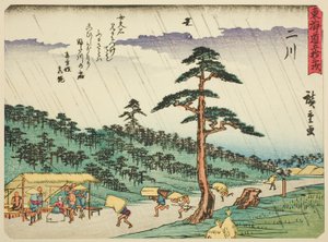 Futakawa, uit de serie "Drieënvijftig Stations van de Tokaido (Tokaido gojusan tsugi)," ook bekend als de Tokaido met Gedicht (Kyoka iri Tokaido)