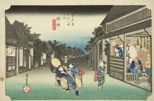 Goyu: Vrouwen stoppen reizigers (Goyu, tabibito tomeru onna), uit de serie "Drieënvijftig stations van de Tokaido (Tokaido gojusan tsugi no uchi)," ook bekend als de Hoeido Tokaido door Utagawa Hiroshige