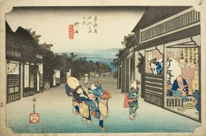 Goyu: Vrouwen stoppen reizigers, uit de serie "Drieënvijftig stations van de Tokaido" door Utagawa Hiroshige