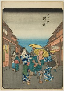 Goyu, uit de serie "Drieënvijftig Stations [van de Tokaido] (Gojusan tsugi)," ook bekend als de Figuren Tokaido (Jinbutsu Tokaido) door Utagawa Hiroshige