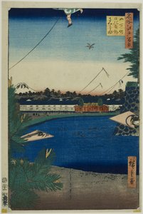 Hibiya en Soto-Sakurada van Yamashita-cho (Yamashita-cho Hibiya Soto-Sakurada), uit de serie "One Hundred Famous Views of Edo (Meisho Edo hyakkei)". door Utagawa Hiroshige