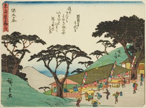 Hodogaya, uit de serie "Drieënvijftig Stations van de Tokaido (Tokaido gojusan tsugi)," ook bekend als de Tokaido met Gedicht (Kyoka iri Tokaido) door Utagawa Hiroshige