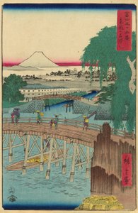Ichikoku-brug in de oostelijke hoofdstad, uit de serie "Zesendertig uitzichten op de berg Fuji" door Utagawa Hiroshige