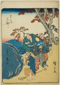 Ishibe, uit de serie "Drieënvijftig Stations [van de Tokaido] (Gojusan tsugi)," ook bekend als de Figuren Tokaido (Jinbutsu Tokaido) door Utagawa Hiroshige