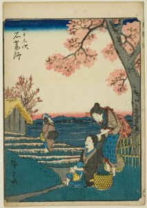 Ishiyakushi, uit de serie "Drieënvijftig Stations [van de Tokaido] (Gojusan tsugi)," ook bekend als de Figuren Tokaido (Jinbutsu Tokaido)