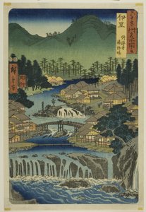 Provincie Izu: Hete bronnen van de Shuzen Tempel (Izu, Shuzenji tojiba), uit de serie "Beroemde plaatsen in de zestig provincies (Rokujuyoshu meisho zue)". door Utagawa Hiroshige