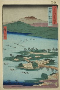 Kaga Provincie: De Visvuren op het Renko-meer, Een van de Acht Schilderachtige Uitzichten van Kanazawa (Kaga, Kanazawa hassho no uchi, Renko no isaribi), uit de serie "Beroemde Plaatsen in de Zestig-odd Provincies (Rokujuyoshu meisho zue)" door Utagawa Hiroshige