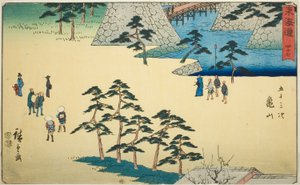 Kameyama—Nr. 47, uit de serie "Drieënvijftig Stations van de Tokaido (Tokaido gojusan tsugi)," ook bekend als de Reisho Tokaido door Utagawa Hiroshige