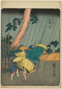 Kameyama, uit de serie "Drieënvijftig stations [van de Tokaido] (Gojusan tsugi)," ook bekend als de Figuren Tokaido (Jinbutsu Tokaido)