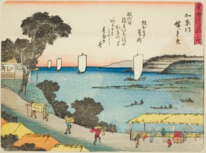 Kanagawa, uit de serie "Drieënvijftig Stations van de Tokaido (Tokaido gojusan tsugi)," ook bekend als de Tokaido met Gedicht (Kyoka iri Tokaido) door Utagawa Hiroshige