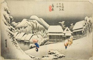 Kanbara: Avondsneeuw (Kanbara, yoru no yuki), uit de serie "Drieënvijftig stations van de Tokaido (Tokaido gojusan tsugi no uchi)," ook bekend als de Hoeido Tokaido door Utagawa Hiroshige