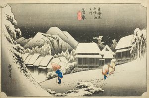 Kanbara: Avondsneeuw (Kanbara, yoru no yuki), uit de serie "Drieënvijftig stations van de Tokaido (Tokaido gojusan tsugi no uchi)," ook bekend als de Hoeido Tokaido