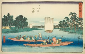 Kawasaki: De Rokugo-veerboot (Kawasaki, Rokugo no watashi)—Nr. 3, uit de serie "Drieënvijftig stations van de Tokaido (Tokaido gojusan tsugi)," ook bekend als de Reisho Tokaido