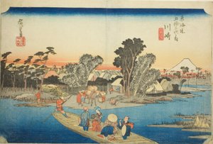 Kawasaki: De Rokugo-veerboot, uit de serie "Drieënvijftig stations van de Tokaido," ook bekend als de Hoeido Tokaido