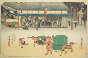 Kusatsu: Beroemde Posthuis, uit de serie "Drieënvijftig Stations van de Tokaido," ook bekend als de Hoeido Tokaido door Utagawa Hiroshige