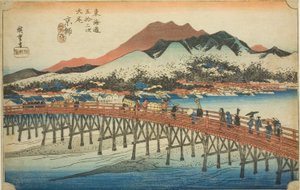 Kyoto: De grote brug bij Sanjo (Keishi, Sanjo ohashi), uit de serie "Drieënvijftig stations van de Tokaido (Tokaido gojusan tsugi no uchi)", ook bekend als de Hoeido Tokaido