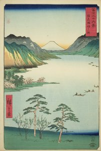 Meer Suwa in de provincie Shinano (Shinshu Suwa no mizuumi), uit de serie "Zesendertig gezichten op de berg Fuji (Fuji sanjurokkei)"