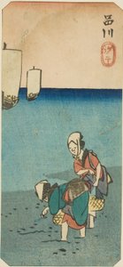 Laagwater bij Shinagawa (Shinagawa shiohi), deel van een blad uit de serie "Uitknipsels van Beroemde Plaatsen in Edo (Harimaze Koto meisho)" door Utagawa Hiroshige