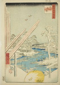 Houthandel in Fukagawa (Fukagawa kiba), uit de serie "Honderd Beroemde Zichten van Edo (Meisho Edo hyakkei)" door Utagawa Hiroshige