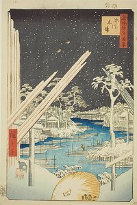 Houthakkers bij Fukagawa (Fukagawa kiba), met donkere lucht, nr.106 uit de serie "Honderd beroemde vergezichten van Edo (Meisho Edo hyakkei)". door Utagawa Hiroshige