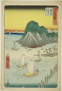 Maisaka: Veerboten die de zee oversteken bij Imagiri (Maisaka, Imagiri kaijo funewatashi), nr. 31 uit de serie "Beroemde bezienswaardigheden van de drieënvijftig stations (Gojusan tsugi meisho zue)," ook bekend als de Verticale Tokaido door Utagawa Hiroshige