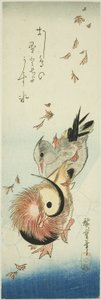 Mandarijneenden steken een ijzige vijver over te midden van vallende bladeren door Utagawa Hiroshige