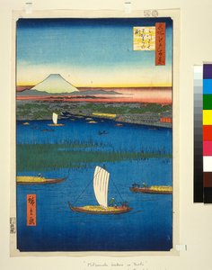 Moerassig eiland bij de monding van de rivier Sumida, met Edo en de berg Fuji in de verte, c.1857, (kleur houtsnede)